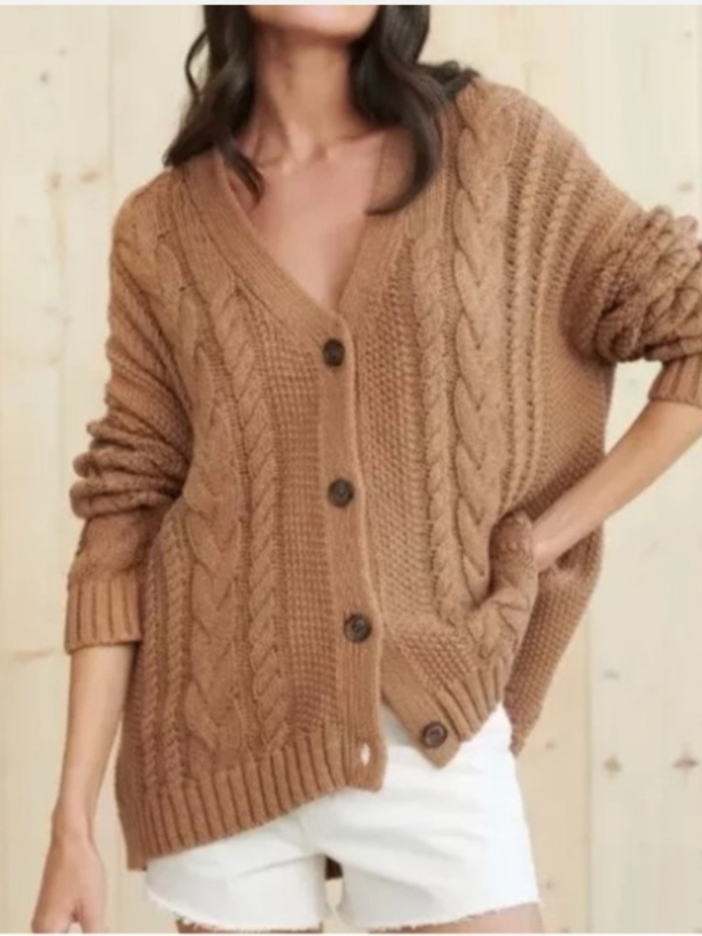 Jenni Kayne Cotton Cable Cardigan Sweater in Dark Camel - Size Small Oversized